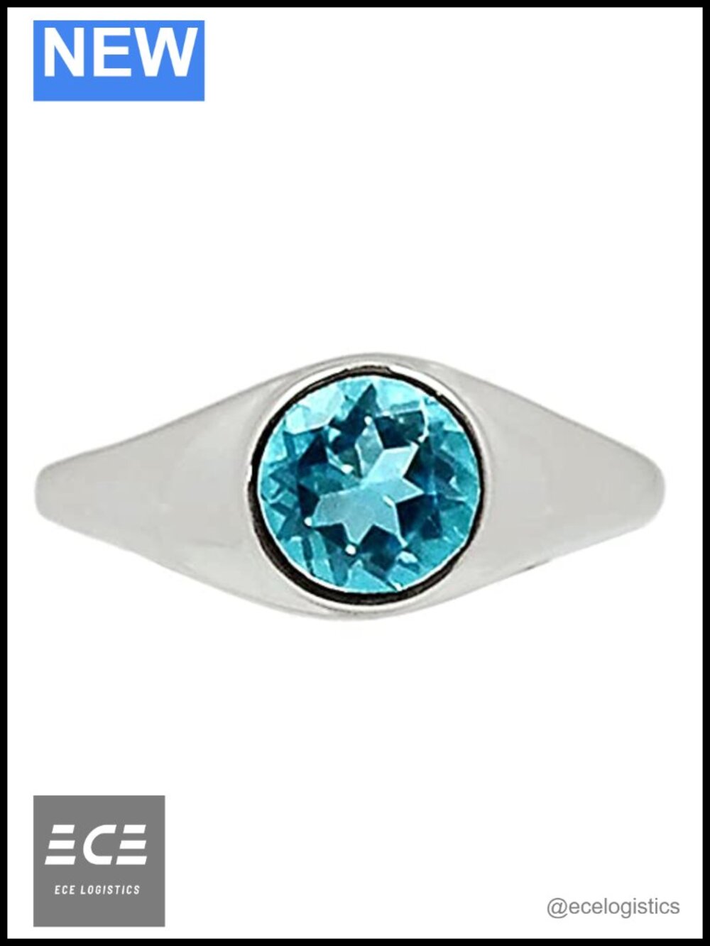 Genuine 1ct Blue Topaz 925 Solid Sterling Silver Unisex Ring Size 8.25